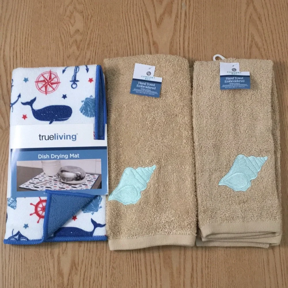 New Bundle Of 3 Nautical Beachy 1-Kitchen Dish Drying May & 2 Bath Hand Towels
